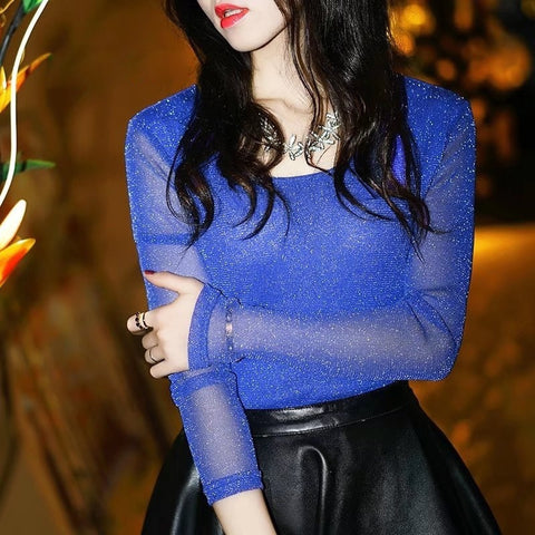 Sexy Shiny Mesh Long Sleeve Transparent Shirts Tops