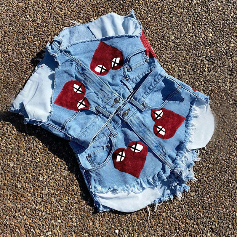 Heart Print Denim Shorts  | Cultureheaven.com