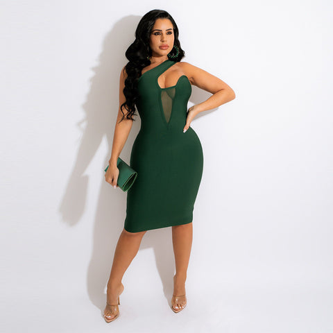 Green One-shoulder Hollow-front Bodycon Dress