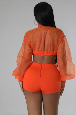 Orange Transparent Mesh Crop Tops and Ladies Biker Shorts Set