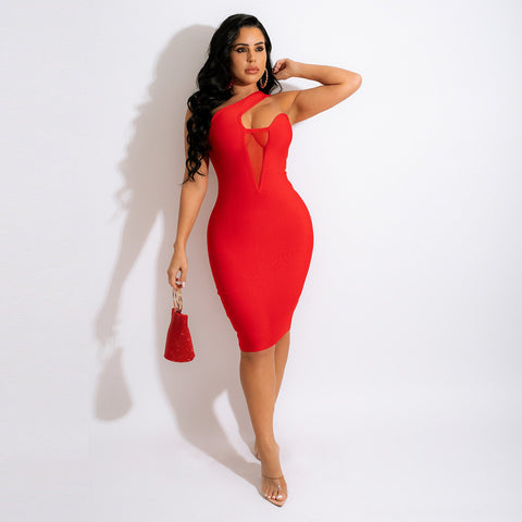 Red One-shoulder Hollow-front Bodycon Dress