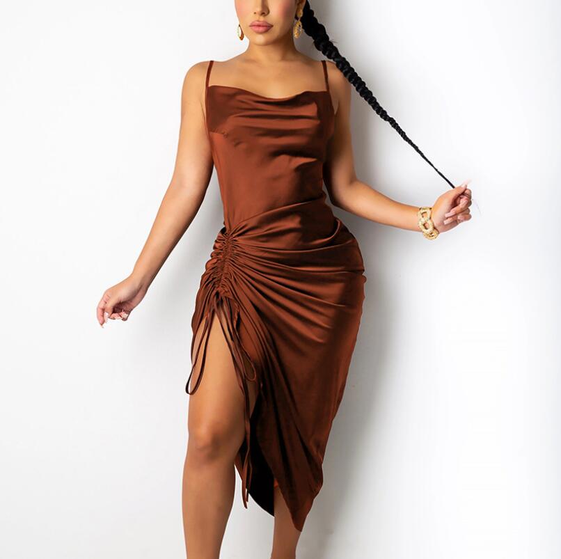 Sexy Ruched Satin Summer Dress Brown 