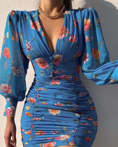 Blue Perla Puff Sleeve Bodycon Mini Dress