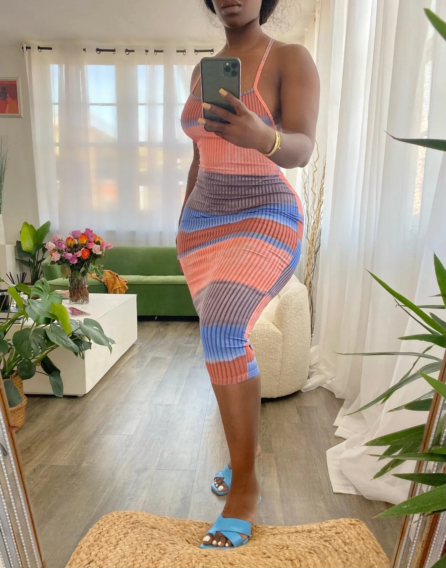 Multicolor Strappy Low-cut Back Bodycon Dress