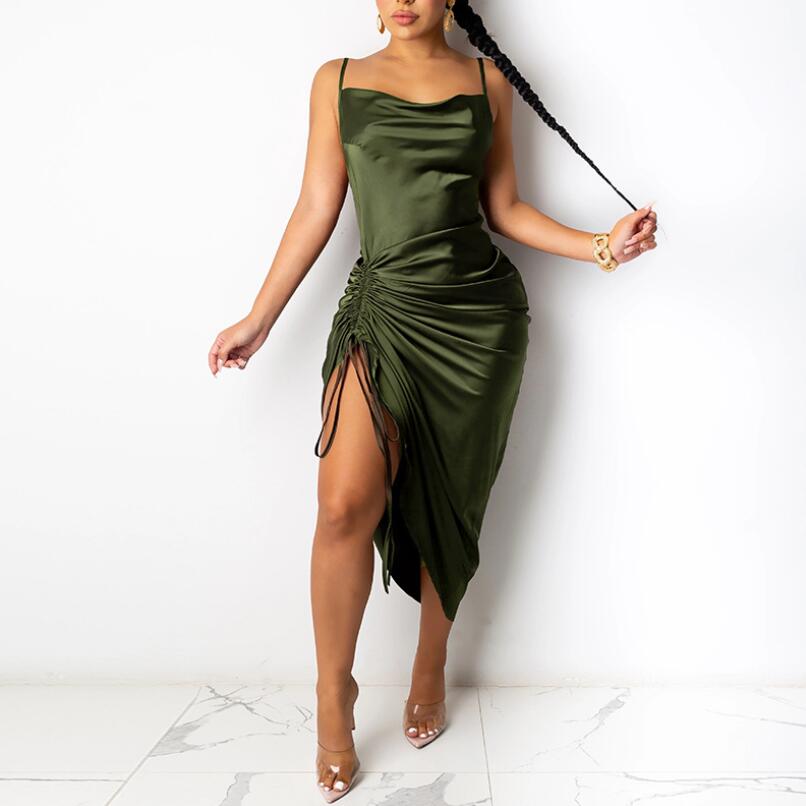 Sexy Ruched Satin Summer Dress Green