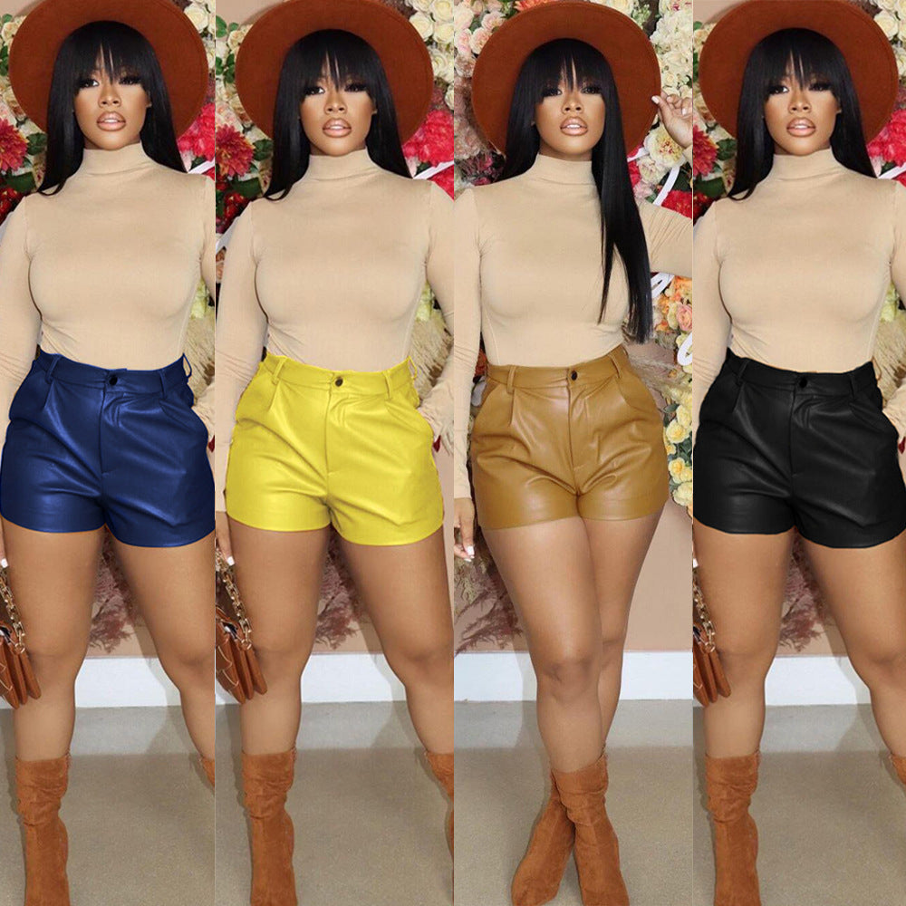  Solid Color Leather Outer Shorts