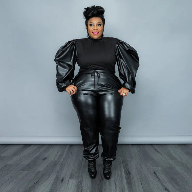 Black Plus Size Leather Trumpet Sleeve Outfit
