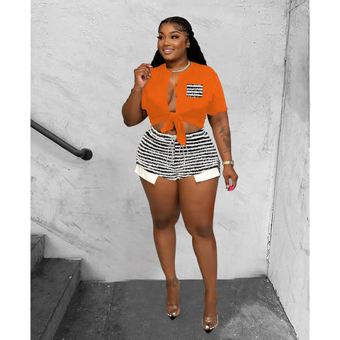 Orange Plus Size Striped Women'S Outfit