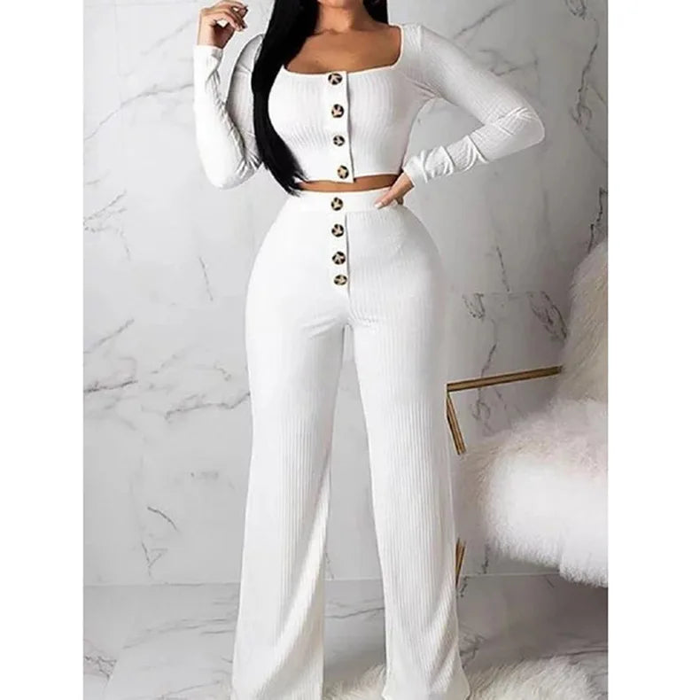 2-Piece Long Sleeve Sexy Crop Top and Pant Sets 