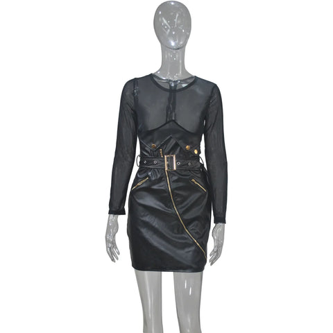 Black Plus Size Mesh Leather Mini Dresses