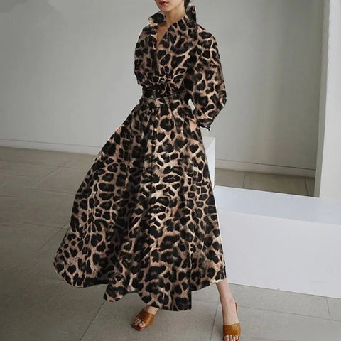 Leopard Print Plus Size Collared Long Maxi Dress