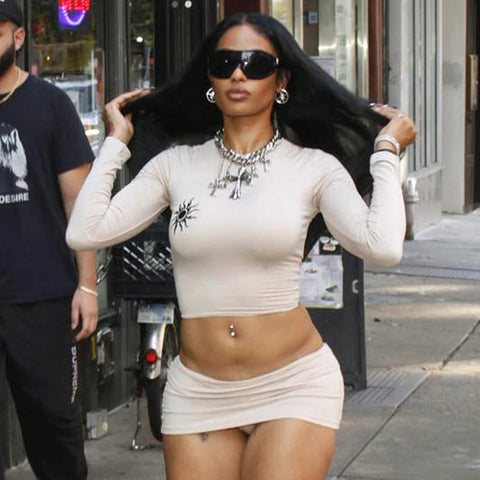 Daring Streetwear Skirt Set Apricot