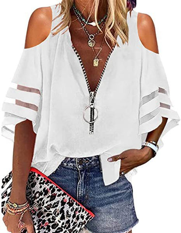 V-neck Zip-up Half-flare Sleeve Tops | Cultureheaven.com