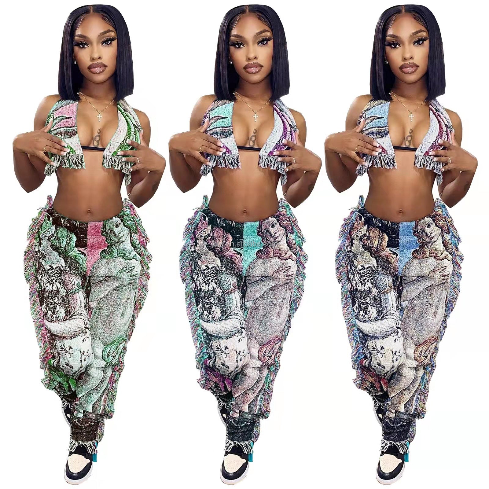  Vintage graffiti fringe pants 2 piece set