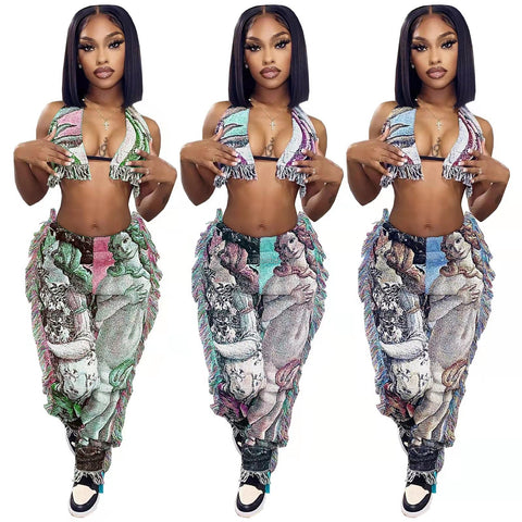  Vintage graffiti fringe pants 2 piece set