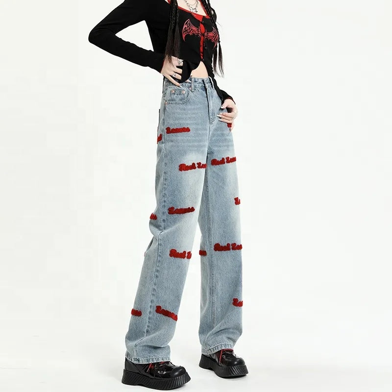 Blue Red Embroidered with Love Jeans