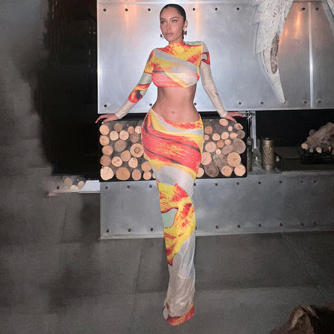 Yellow Printed Mesh Bodycon Tops and Skirt Set
