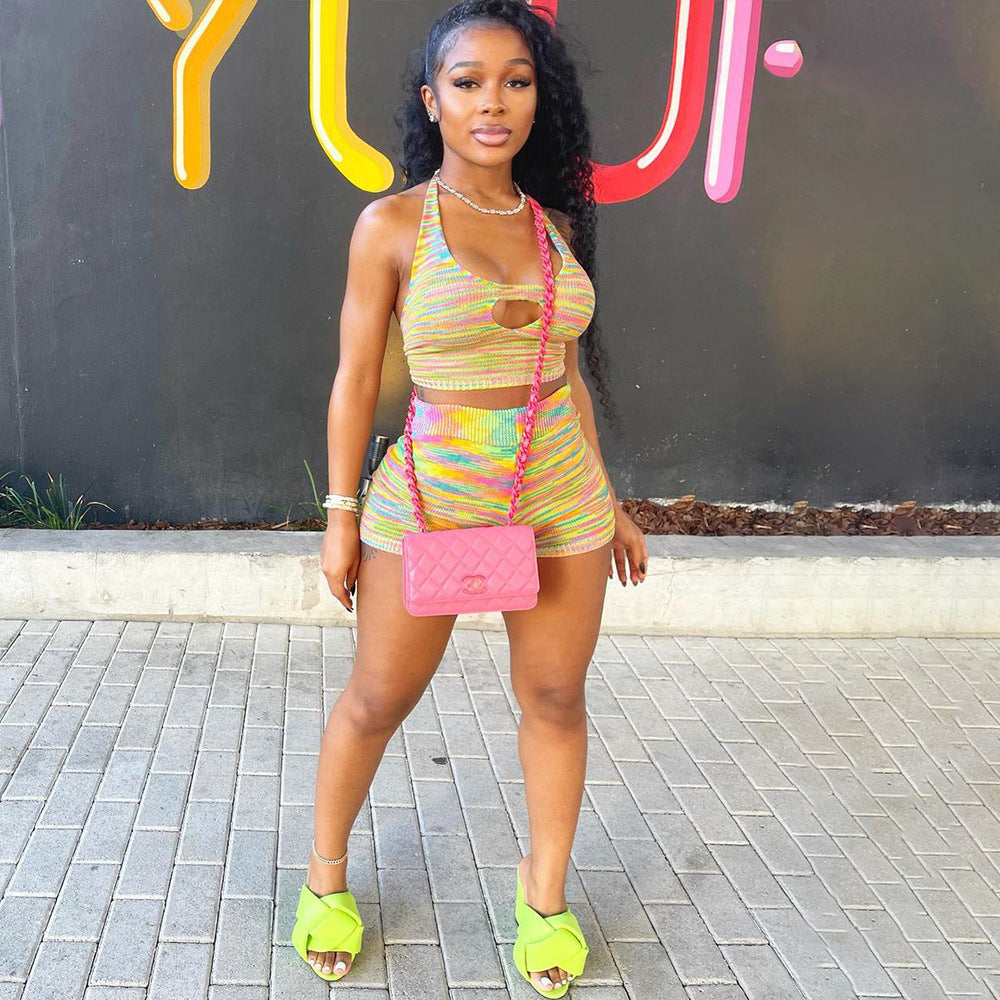 Sleeveless Hollow Out Crop Top And Shorts Two Piece Set