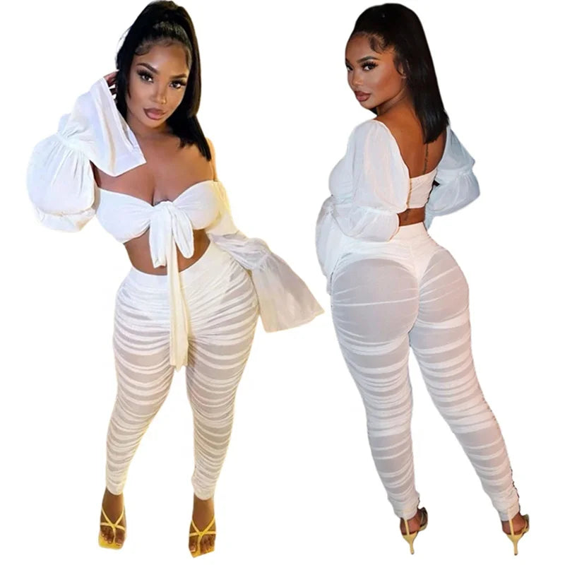Flare Sleeve Front Tie Crop Top and Mesh Pants 2-Piece White Outfit