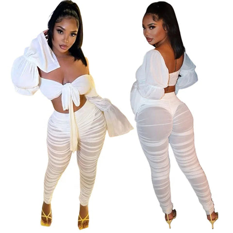 Flare Sleeve Front Tie Crop Top and Mesh Pants 2-Piece White Outfit