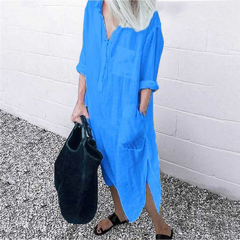 Turquoise Side Split Long Sleeve Cotton Linen Shirt Dress