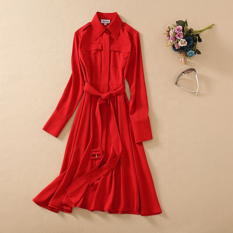 Red Casual Long-sleeved Solid Color Dress