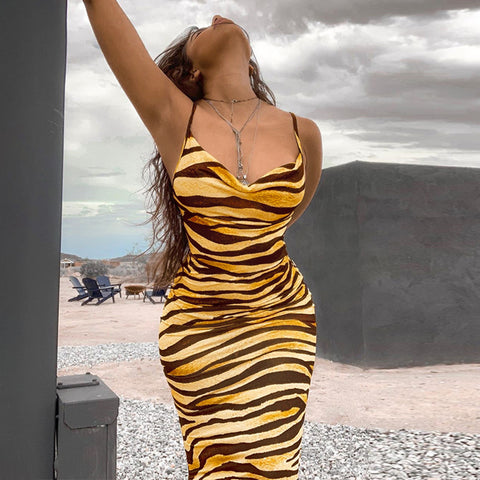Yellow Zebra Print Chic Midi Dress 