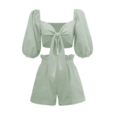  Linen Crop Top with Shorts Set Light Green