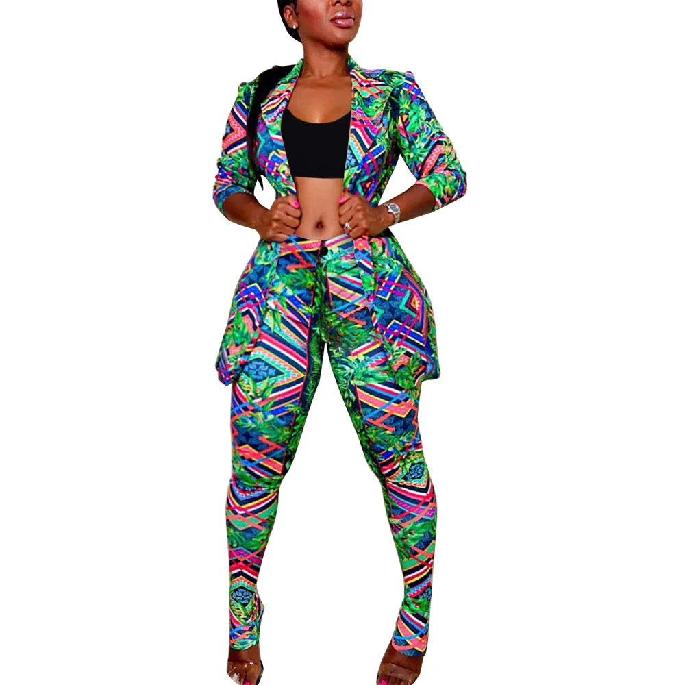 Print Lapel Jacket Nightclub Trousers Two-Piece Set 