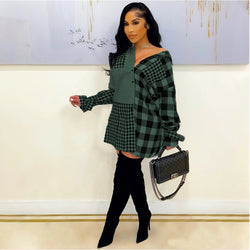 Green Splicing Plaid Casual Dress