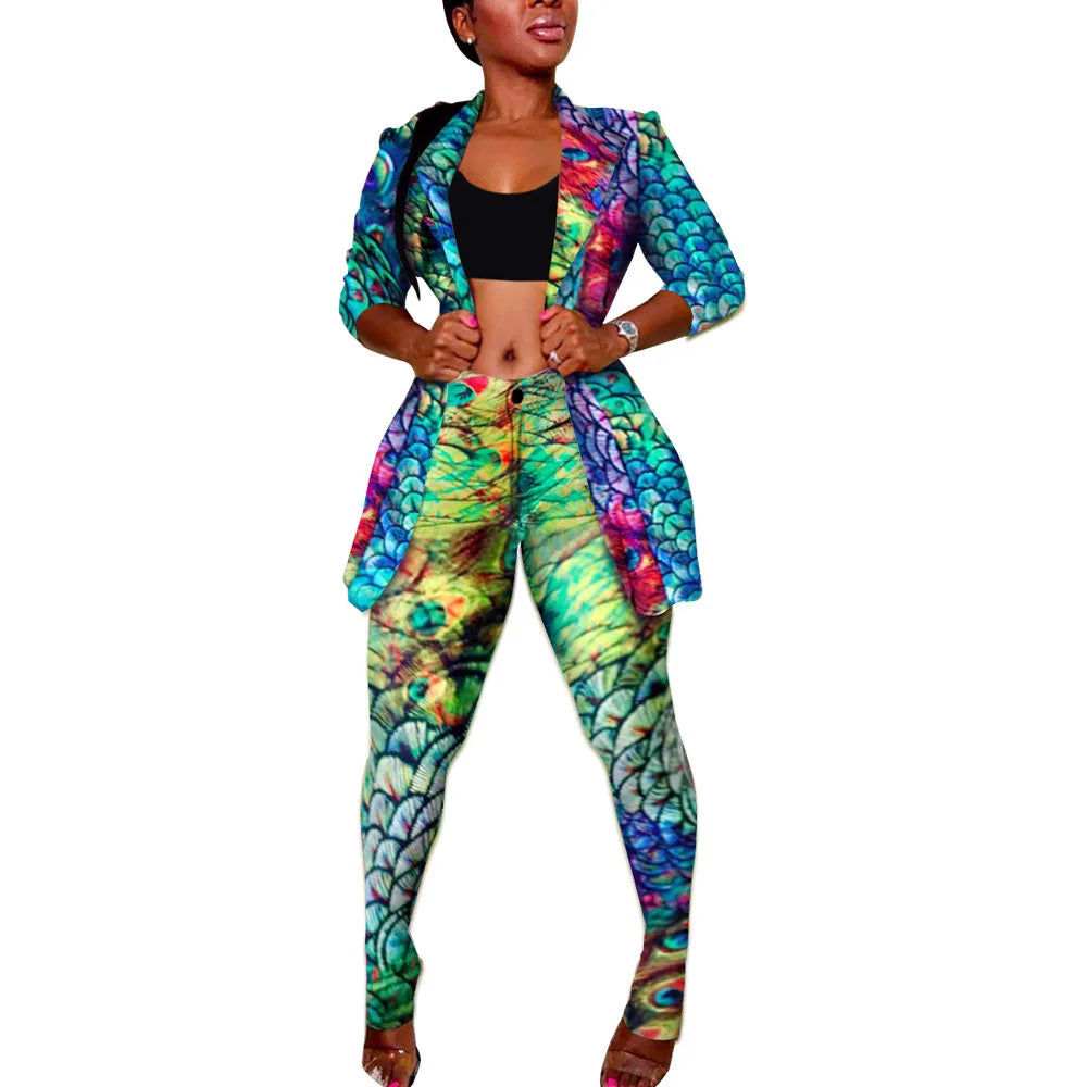 Print Lapel Jacket Nightclub Trousers Two-Piece Set 