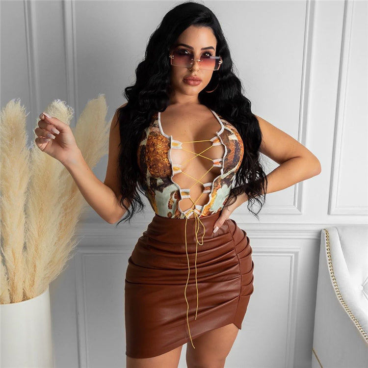 Solid Pleated Splicing Matte Leather Skirt