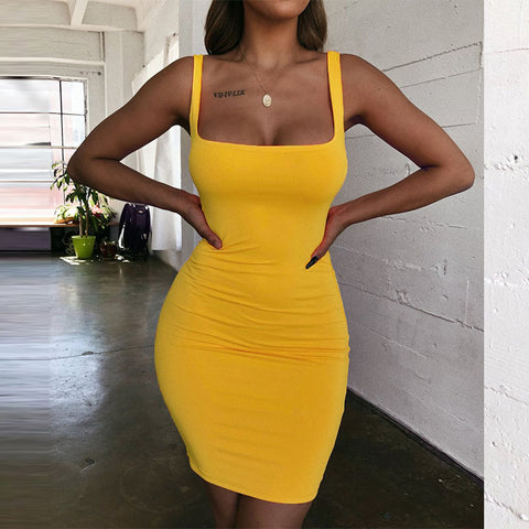 Fashion U-neck Bodycon Dress Yellow