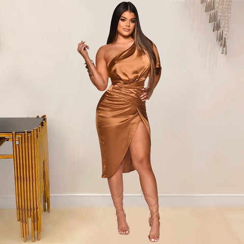 Satin One Shoulder Asymmetric Ruched Dress Brown 