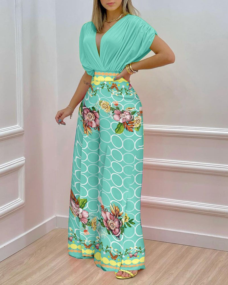 High Waist Deep V-neck Printing Two Piece Pants Set