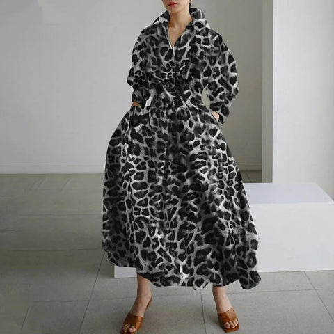 Black Leopard print Plus Size Collared Long Maxi Dress
