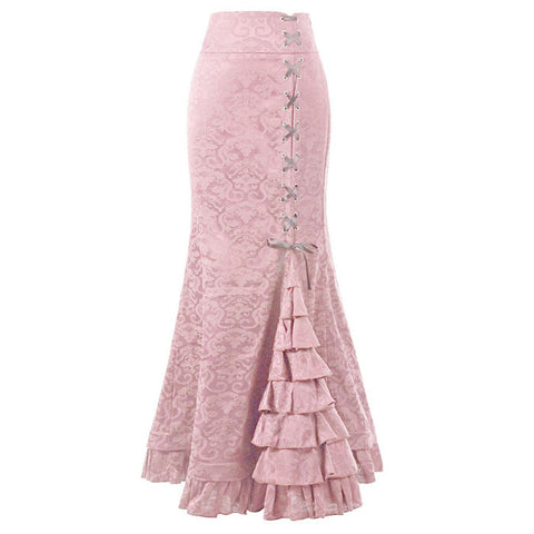 Women Pink Vintage Victorian Ruffled Skirt