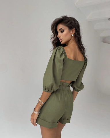  Linen Crop Top with Shorts Set Army Green