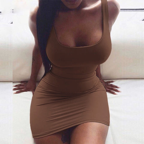 Fashion U-neck Bodycon Dress Brown