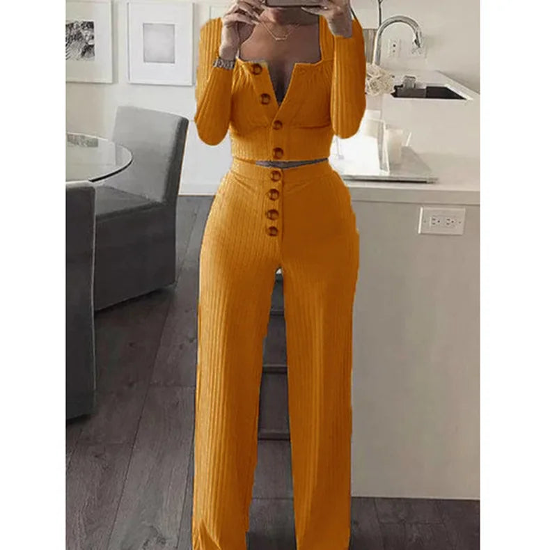 2-Piece Long Sleeve Sexy Crop Top and Pant Sets 