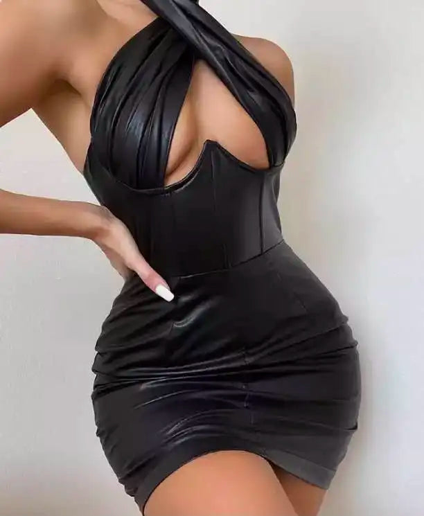 Black Pu Faux Leather Bodycon Mini Dress