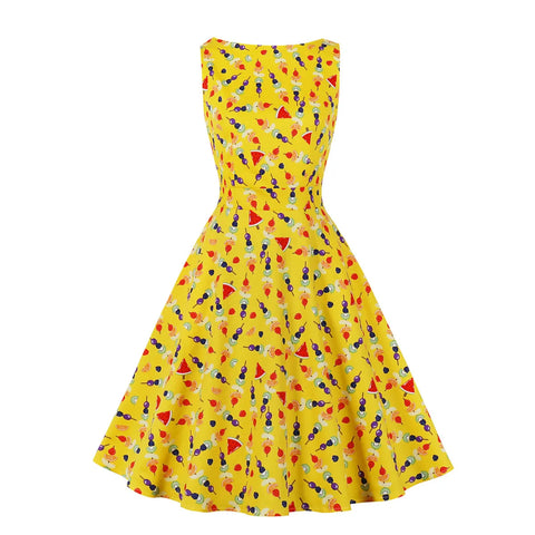 Yellow Printed Retro Bubble Skirt Midi Dress