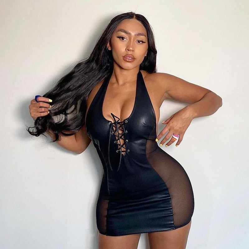 Black Mesh and Leather Combo Party Dress