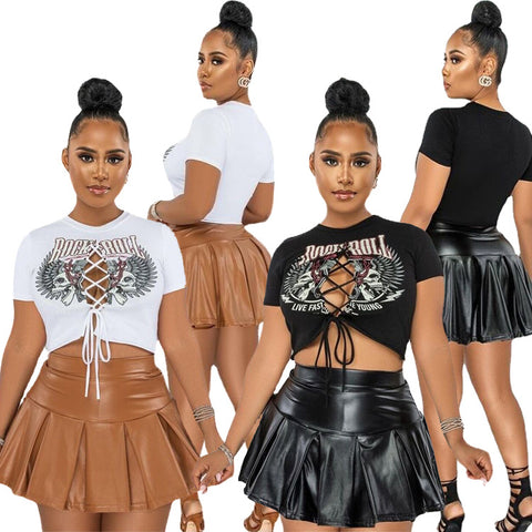 Hollow Out Bandage Print Tshirt PU Short Skirt | Cultureheaven.com