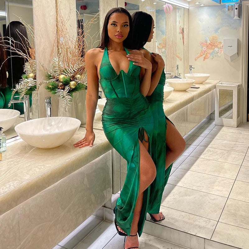 Green Slim Fit Halter High Slit Dress