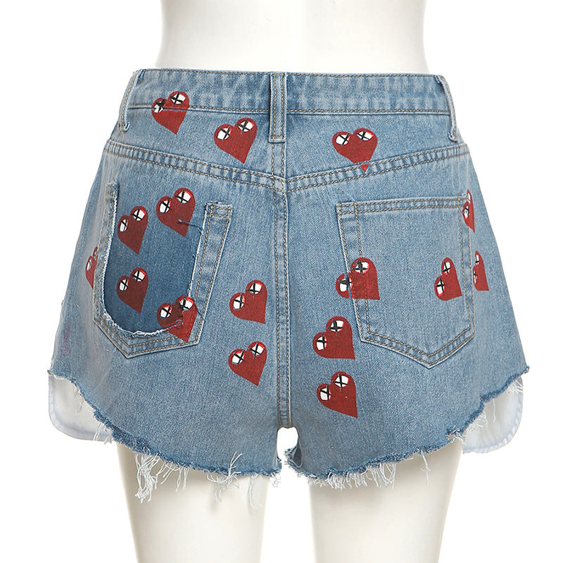 Heart Print Denim Shorts  | Cultureheaven.com