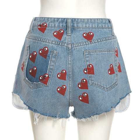Heart Print Denim Shorts  | Cultureheaven.com