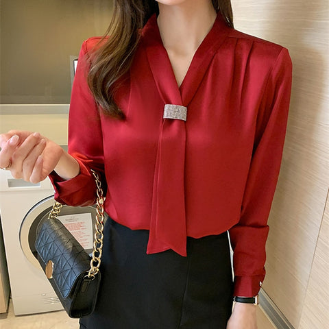 Fashion Chiffon Long Sleeve Ribbon Blouse Tops