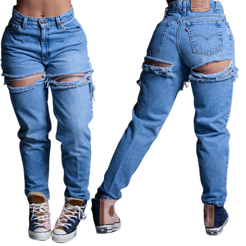 Trendy Women Clothes Loose High Waist Casual Pants Wide Leg Ripped Jeans