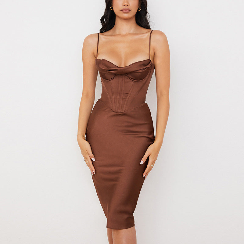 Luxurious Chic Fancy Midi Dress Brown